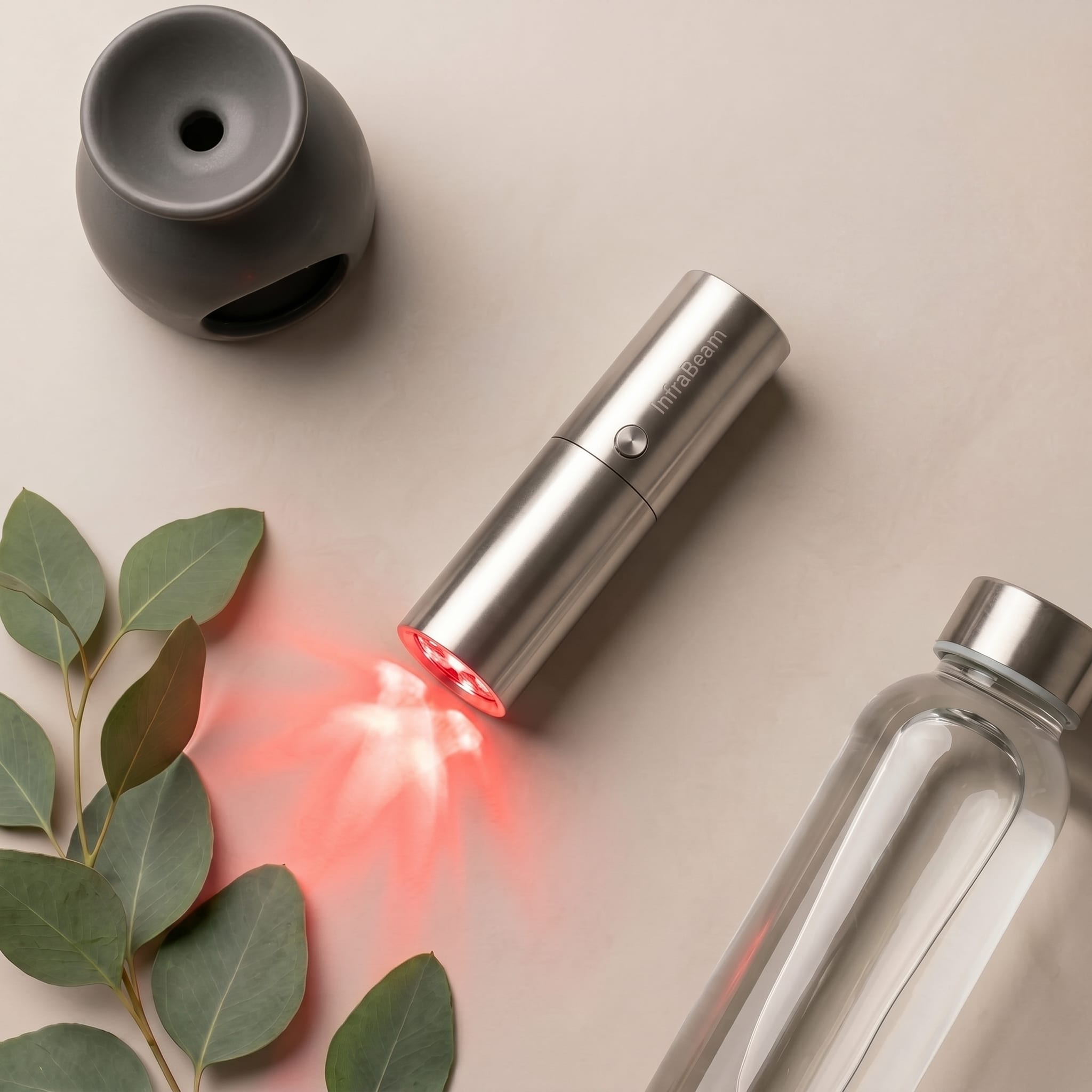 RadiBeam RB3 in a calm lifestyle scene with eucalyptus